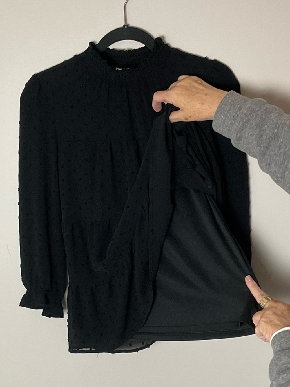 Monteau Womens Black Swiss Dot Ruffle Neck Blouse Ruffle Tiered Mock Neck Sz  XL - Picture 5 of 6